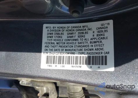 2019 Honda Civic Sport z USA, uszkodzony, nr VIN 2HGFC2F80KH541690